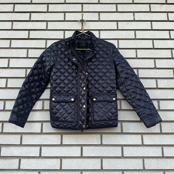 J.Crew Shiny Quilted Downtown Field Puffer Jacket Navy Blue Down Small Petite - Picture 1 of 9